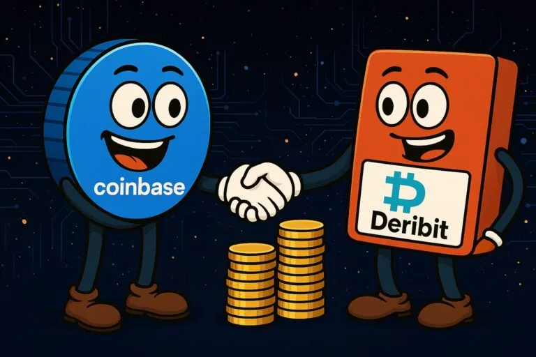 Ilustración digital de Coinbase y Deribit dándose la mano frente a un fondo tecnológico con monedas doradas, simbolizando su integración para fortalecer el mercado global de derivados cripto con mayor liquidez y acceso institucional.