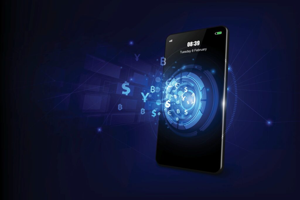 Ilustración digital de un smartphone con símbolos de divisas y criptomonedas flotando, representando el potencial de crecimiento de HYPER y BEST en el mercado cripto rumbo al cuarto trimestre.