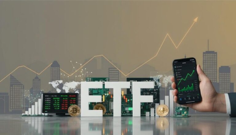 Gráfico financiero digital y edificios corporativos representan récord de solicitudes de ETF cripto en EE.UU.