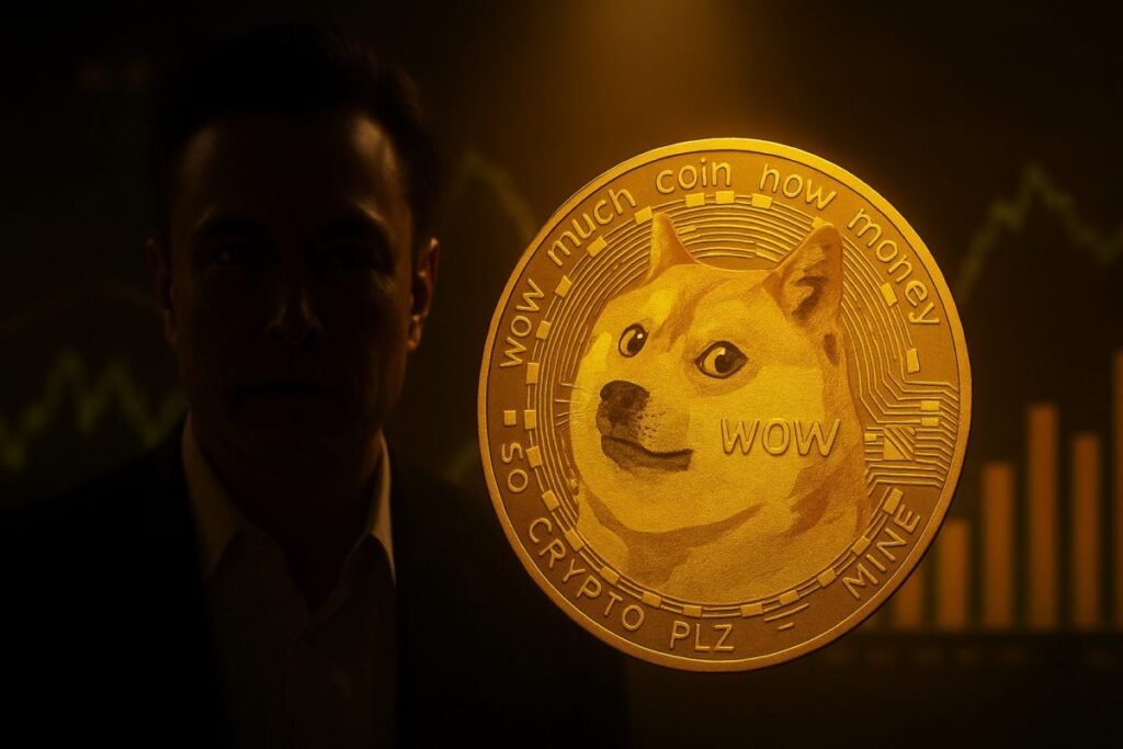 Representación editorial moderna de una tesorería corporativa integrada por Dogecoin