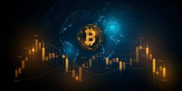 Ilustración digital con el logotipo de Bitcoin y gráficas de velas financieras que representan la volatilidad del mercado, ideal para explicar cómo los factores macroeconómicos influyen en el trading en criptomonedas.