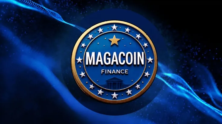 Moneda digital Magacoin Finance sobre fondo azul, símbolo del crecimiento de altcoins y la inversión cripto en 2025.