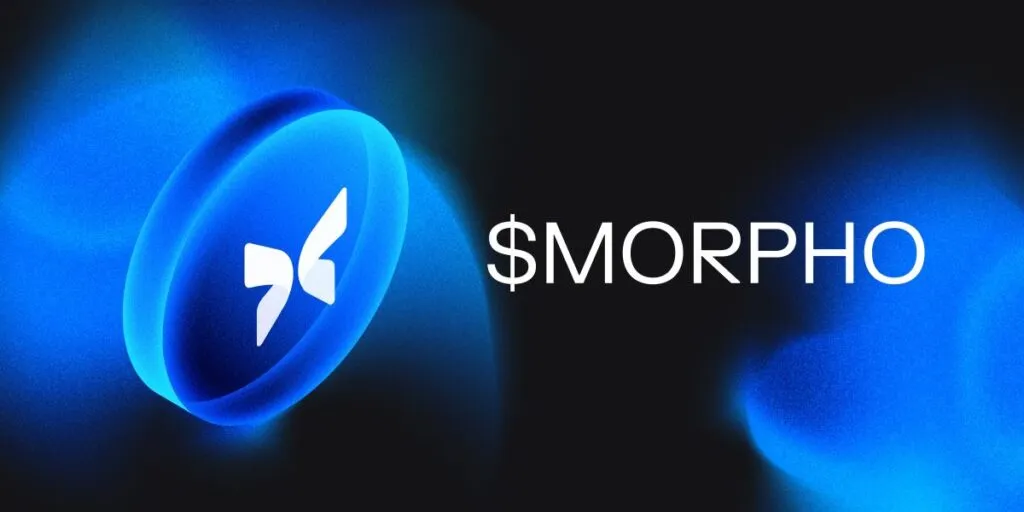 Imagen del token Morpho en azul brillante sobre fondo oscuro, representando su crecimiento del 22 % en el mercado cripto y su fuerza en finanzas descentralizadas.