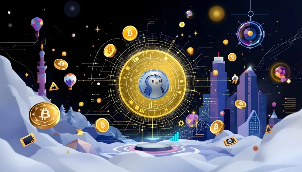 Gráfico descendente 20% y smartphone con juego tipo party, metáfora del retroceso de PENGU pese a altas descargas de Pudgy Party en el mercado NFT.