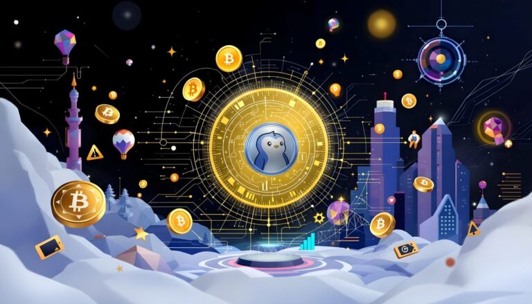 Gráfico descendente 20% y smartphone con juego tipo party, metáfora del retroceso de PENGU pese a altas descargas de Pudgy Party en el mercado NFT.