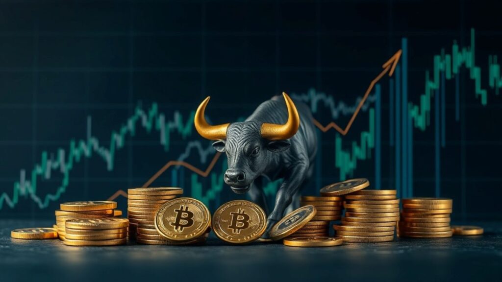 Gráfico digital con bitcoin y ethereum en alza representando el bull run cripto 2025