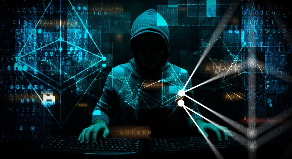 Ilustración de un hacker en la oscuridad con gráficos digitales, simbolizando ciberataques en criptomonedas y los riesgos que enfrentan empresas jóvenes en Hong Kong.