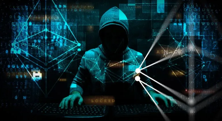 Ilustración de un hacker en la oscuridad con gráficos digitales, simbolizando ciberataques en criptomonedas y los riesgos que enfrentan empresas jóvenes en Hong Kong.