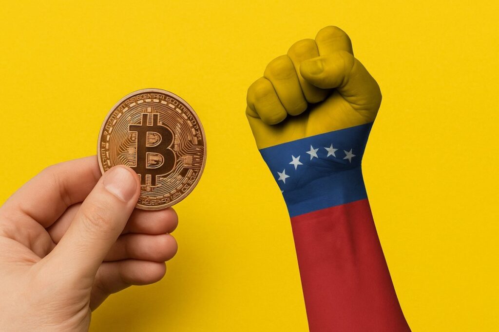 Mano sosteniendo Bitcoin junto a un puño con la bandera de Venezuela, simbolizando la adopción de criptomonedas y stablecoins frente a la inflación.