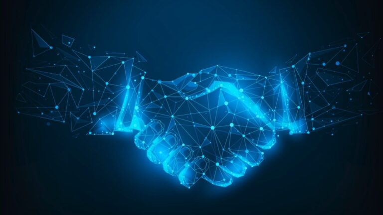 Un apretón de manos digital con estética futurista simboliza la cooperación cripto entre Reino Unido y Estados Unidos.