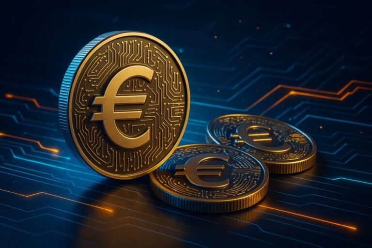 Representación visual moderna de un euro stablecoin regulado bajo MiCA impulsado por bancos europeos