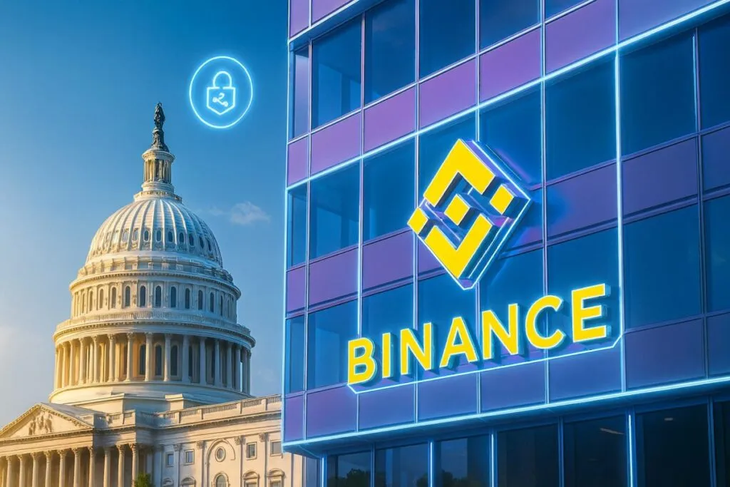 Ilustración editorial de Binance frente al DOJ, simbolizando supervisión regulatoria cripto