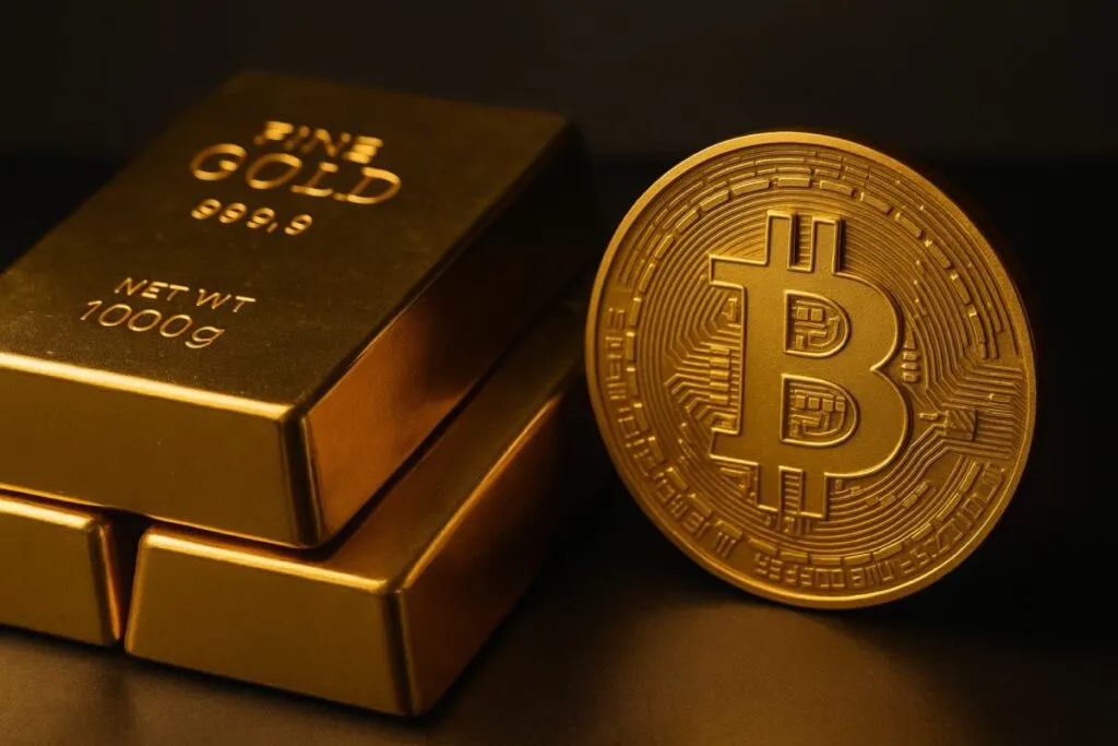 Lingotes de oro junto a un símbolo de Bitcoin reflejando el nuevo precio objetivo de 3,800 dólares de Citi