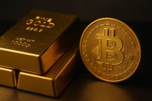 Lingotes de oro junto a un símbolo de Bitcoin reflejando el nuevo precio objetivo de 3,800 dólares de Citi
