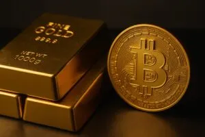Lingotes de oro junto a un símbolo de Bitcoin reflejando el nuevo precio objetivo de 3,800 dólares de Citi