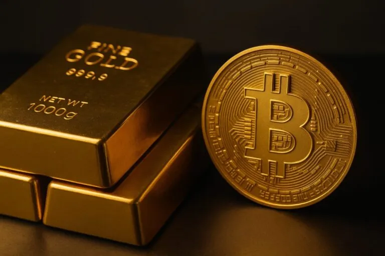 Lingotes de oro junto a un símbolo de Bitcoin reflejando el nuevo precio objetivo de 3,800 dólares de Citi