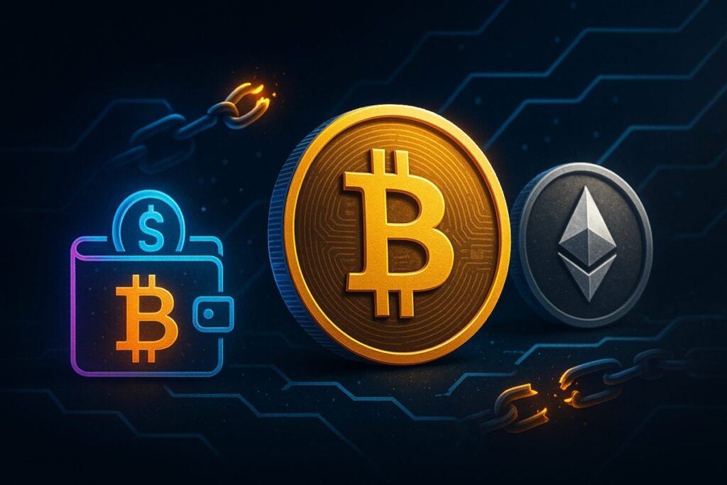 Gráfico digital con billeteras y monedas virtuales mostrando riesgo de estafas Pig Butchering