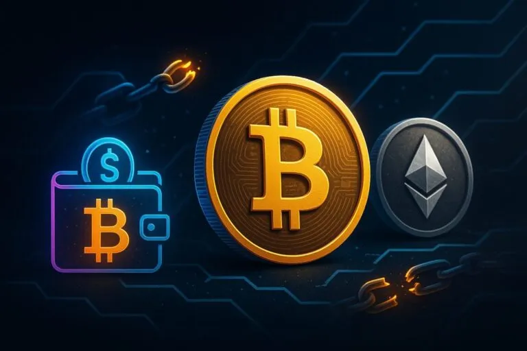 Gráfico digital con billeteras y monedas virtuales mostrando riesgo de estafas Pig Butchering