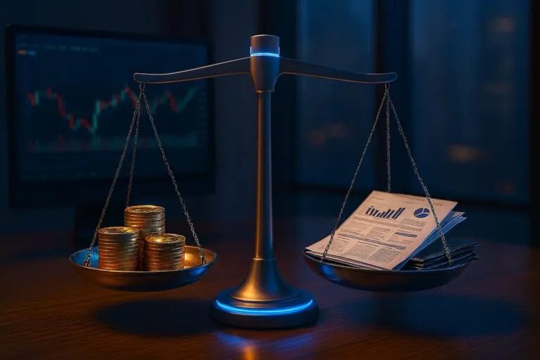 Imagen conceptual de ETFs y fondos mutuos mostrando liquidez y eficiencia fiscal en mercados financieros de Estados Unidos