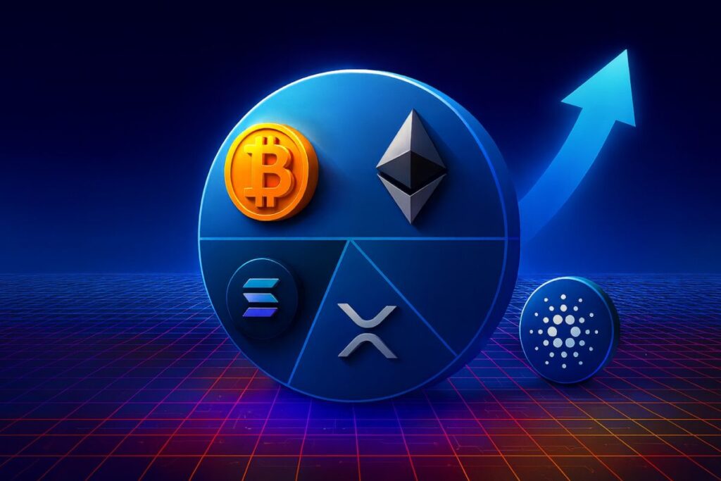 Portada editorial sobre el CoinDesk Crypto 5 ETF de Grayscale con Bitcoin, Ethereum, Solana, XRP y Cardano