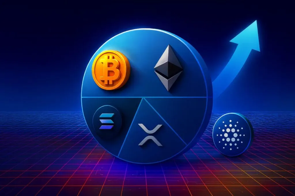 Portada editorial sobre el CoinDesk Crypto 5 ETF de Grayscale con Bitcoin, Ethereum, Solana, XRP y Cardano