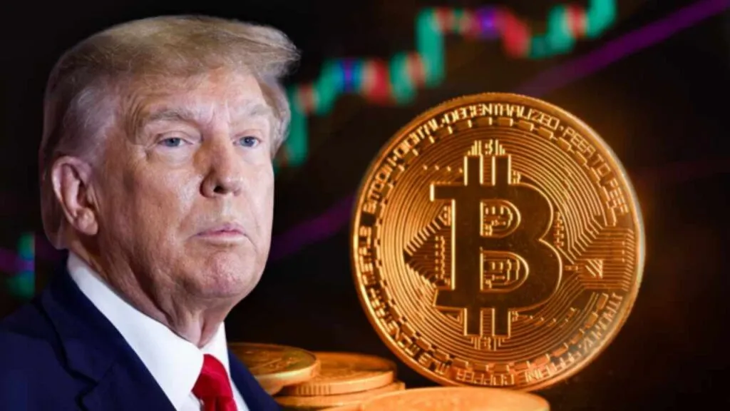 Donald Trump rodeado de símbolos cripto y señales regulatorias que reflejan dilemas éticos y políticos