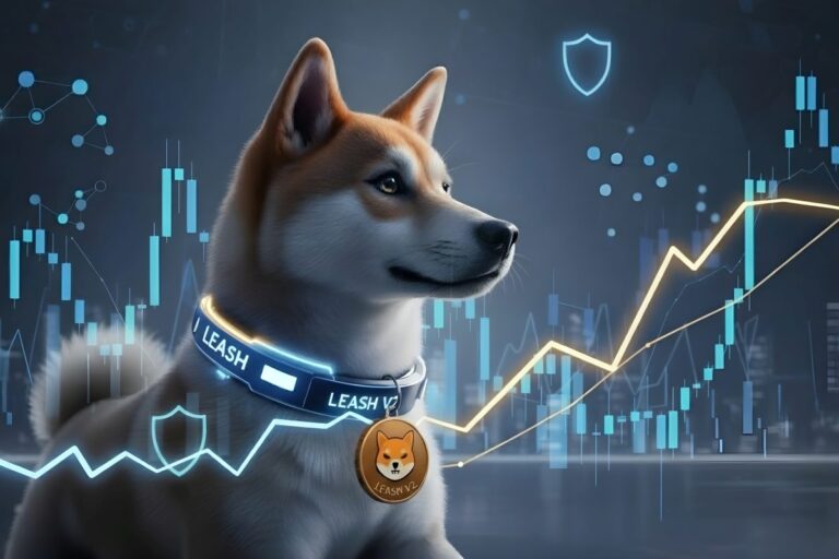 Gráfico digital sobre Shiba Inu Leash V2 con enfoque en liquidez y gobernanza en Estados Unidos
