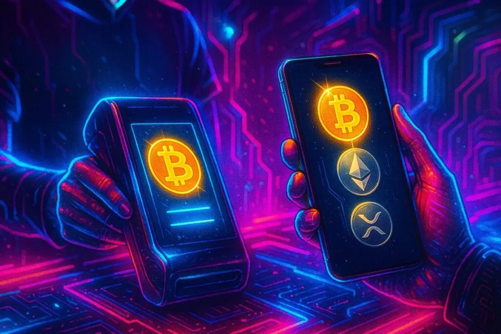Cliente usando bitcoin ether XRP en un punto de venta digital