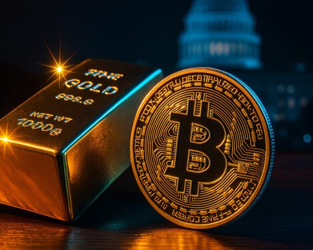 imagen editorial moderna y profesional que muestre un lingote de oro y una moneda de Bitcoin sobre una mesa de reservas estatales en Washington.