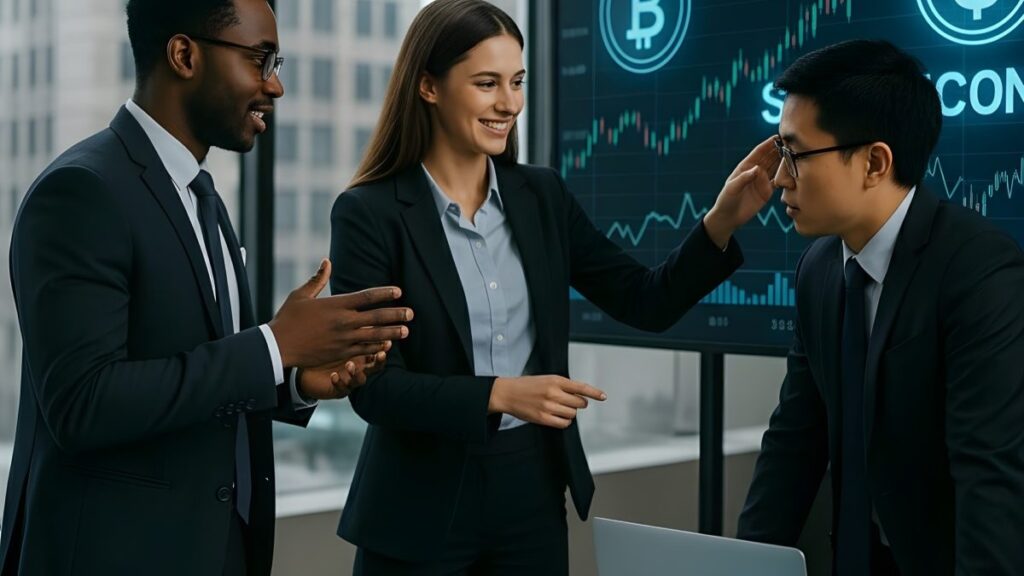 Profesionales fintech en Nueva York frente a pantallas financieras reflejando auge de stablecoin y alza salarial