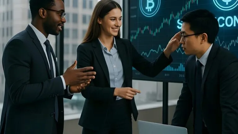 Profesionales fintech en Nueva York frente a pantallas financieras reflejando auge de stablecoin y alza salarial