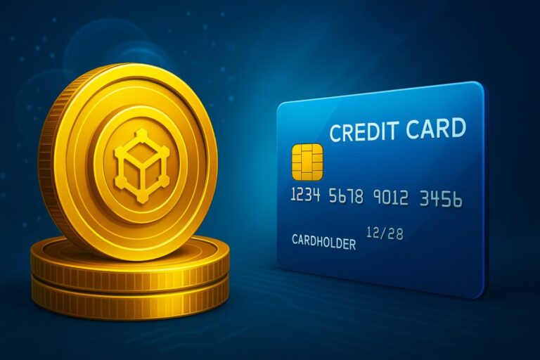 Ilustración editorial de stablecoins y tarjetas de crédito en la economía digital global