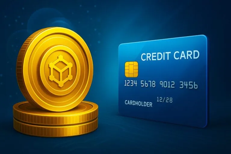 Ilustración editorial de stablecoins y tarjetas de crédito en la economía digital global