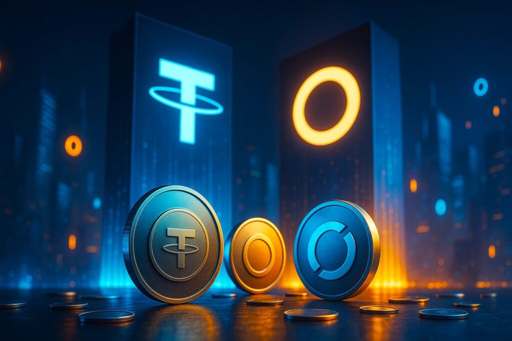 Ilustración editorial de stablecoins con Tether y Circle frente a nueva competencia global