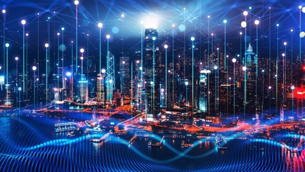 Skyline de Nueva York con íconos de blockchain y luces digitales representando un hub cripto global