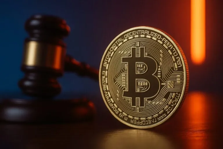 Moneda de Bitcoin dorada con reflejos plateados frente a un mazo judicial, iluminada con luces de neón anaranjadas y azuladas que representan el debate sobre la exención fiscal de transacciones con Bitcoin en Estados Unidos.