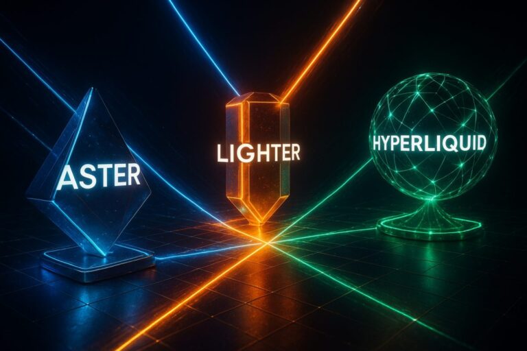Gráfico estilizado de competencia entre plataformas de trading onchain Aster, Lighter y Hyperliquid
