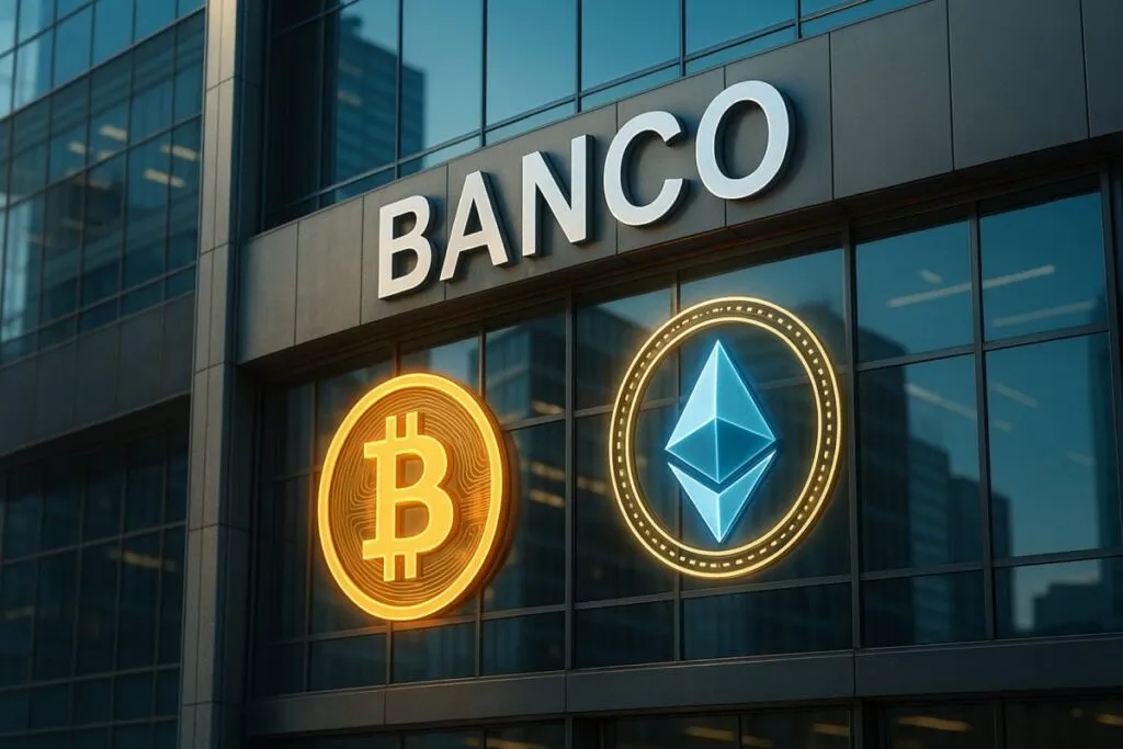 Fachada moderna de banco peruano con símbolos de criptomonedas y regulación cripto