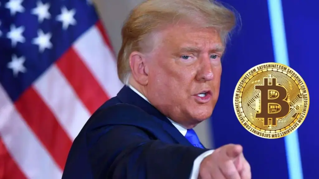 Pánico cripto con gráfico de Bitcoin cayendo y fondo con micrófono político representando el discurso de Trump