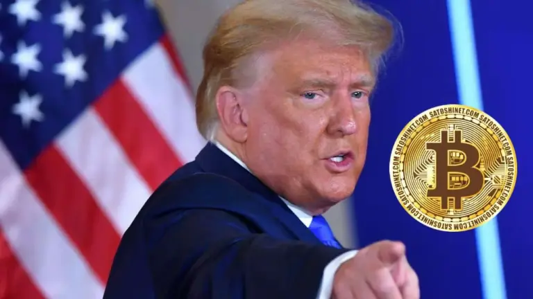 Pánico cripto con gráfico de Bitcoin cayendo y fondo con micrófono político representando el discurso de Trump