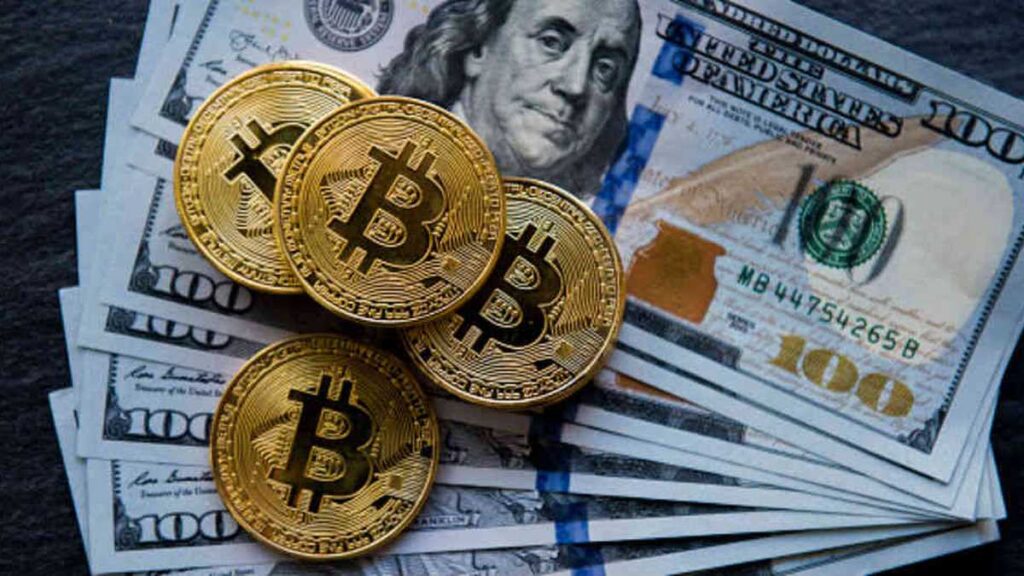 ack Dorsey afirmando que Bitcoin es dinero con símbolo de Bitcoin y billetes digitales de fondo