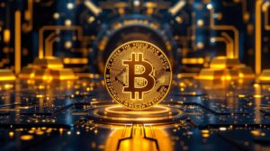 Bitcoin oro 2.0 representado por una moneda dorada brillante sobre circuitos metálicos con reflejos de neón dorado y azul, simbolizando su valor digital y su proyección hacia el millón de dólares según los gemelos Winklevoss.