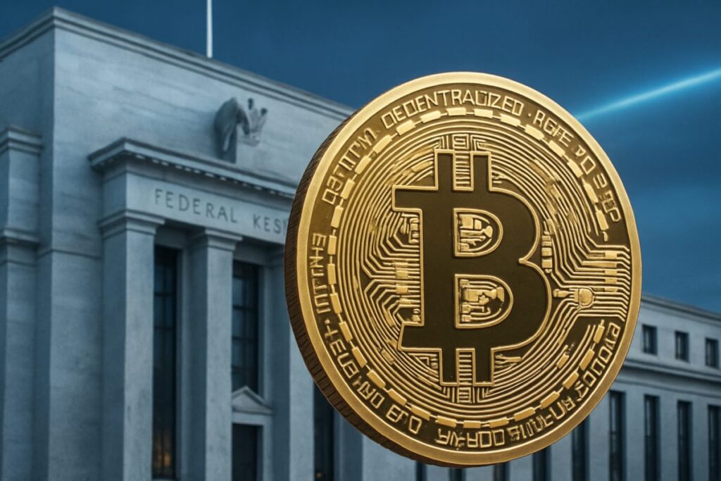 Imagen editorial sobre Bitcoin vinculado a la Reserva Federal de EE UU y expectativas de política monetaria