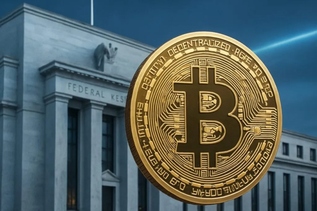 Imagen editorial sobre Bitcoin vinculado a la Reserva Federal de EE UU y expectativas de política monetaria