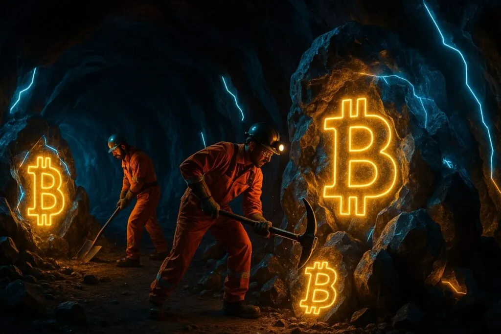 Mineros tecnológicos ilustrando la estrategia de self-mining de Bitdeer **Descripción ALT:** Mineros con herramientas tecnológicas trabajan entre geodas con símbolos de Bitcoin iluminados en tonos dorados y plateados, representando el self-mining de Bitdeer y su innovación en la minería de criptomonedas.