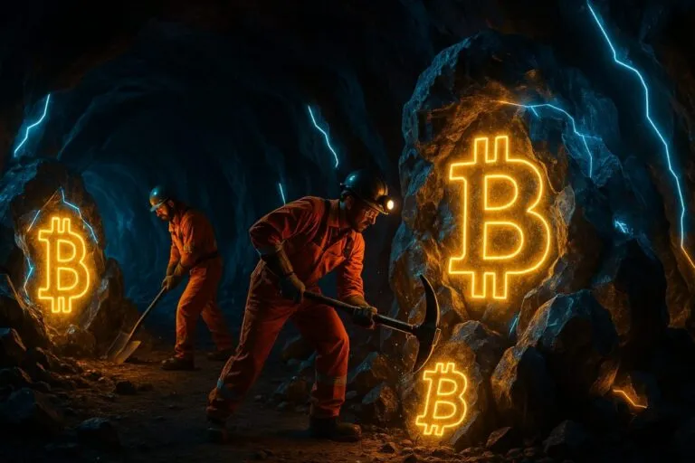 Mineros tecnológicos ilustrando la estrategia de self-mining de Bitdeer **Descripción ALT:** Mineros con herramientas tecnológicas trabajan entre geodas con símbolos de Bitcoin iluminados en tonos dorados y plateados, representando el self-mining de Bitdeer y su innovación en la minería de criptomonedas.