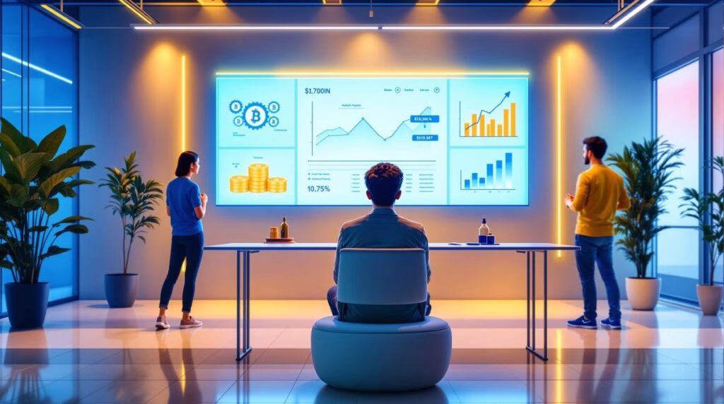 Emprendedor trabaja en pantallas con gráficos de blockchain y tokens on-chain para ilustrar financiación blockchain