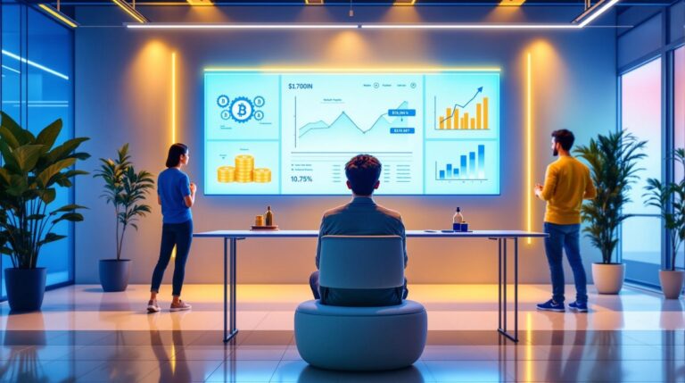 Emprendedor trabaja en pantallas con gráficos de blockchain y tokens on-chain para ilustrar financiación blockchain