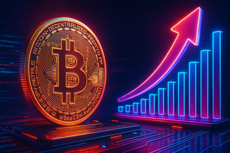 Bitcoin dorado con estética ciberpunk y neones, representando crecimiento por flujos de ETF