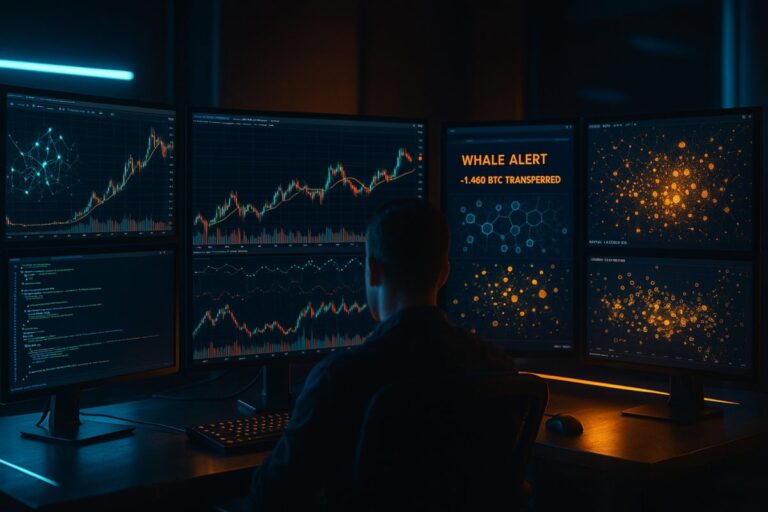 Fotografía hiperrealista de un operador frente a múltiples monitores que muestran gráficos de blockchain, alertas de transferencias masivas y análisis on-chain en un ambiente tecnológico iluminado con luces neón azules y doradas.